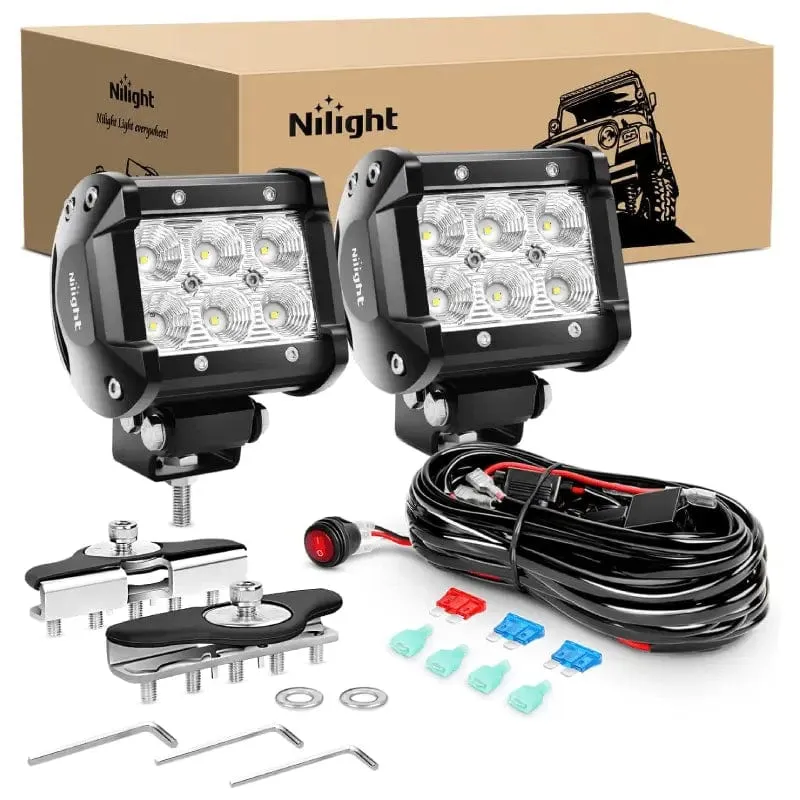 4 Inch 18W Flood LED Pods (Pair) | Pillar Hood Mount | 16AWG Wire 3Pin Switch
