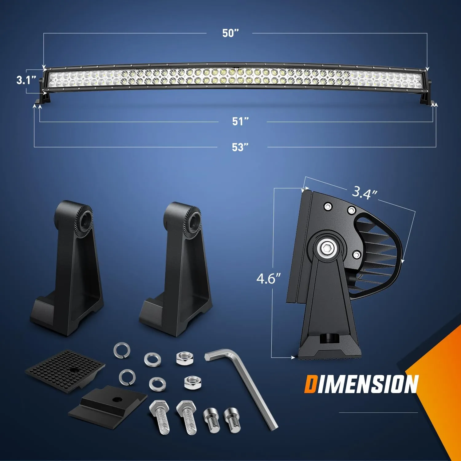 50 Inch 288W Double Row Curved Spot Flood Led Light Bar ｜12AWG Wiring Harness 5Pin Switch