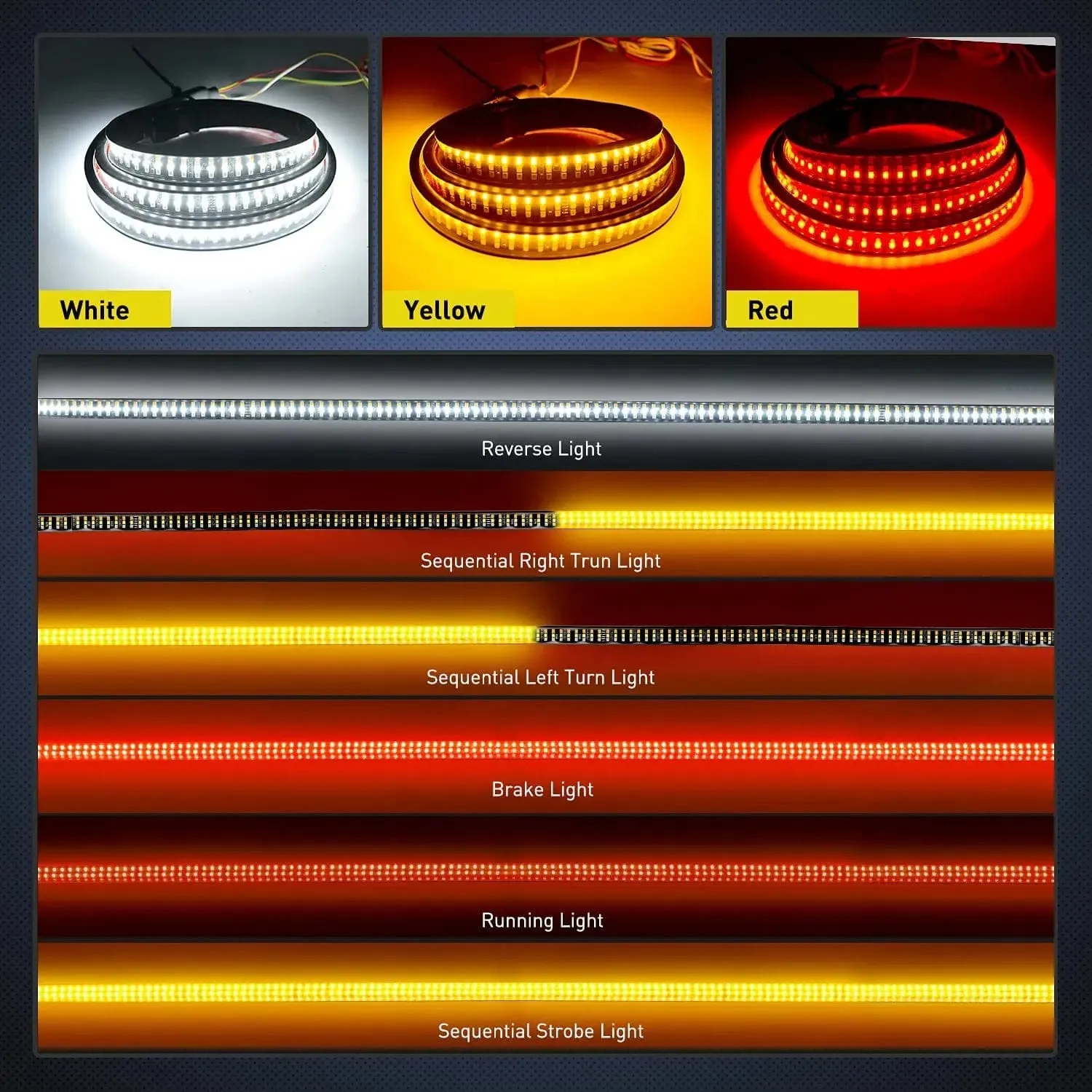 60 Inch 504Leds Amber Red White Triple Row LED Tailgate Light Strip
