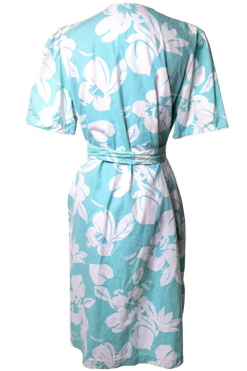 David Brown 1970's House Dress with Tropical Light Teal and White Hibiscus Print and Belt Medium