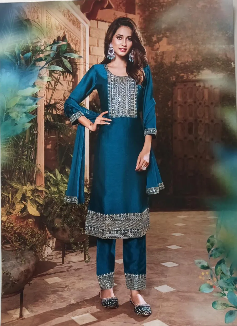 Embroidered Soft Silk Suit