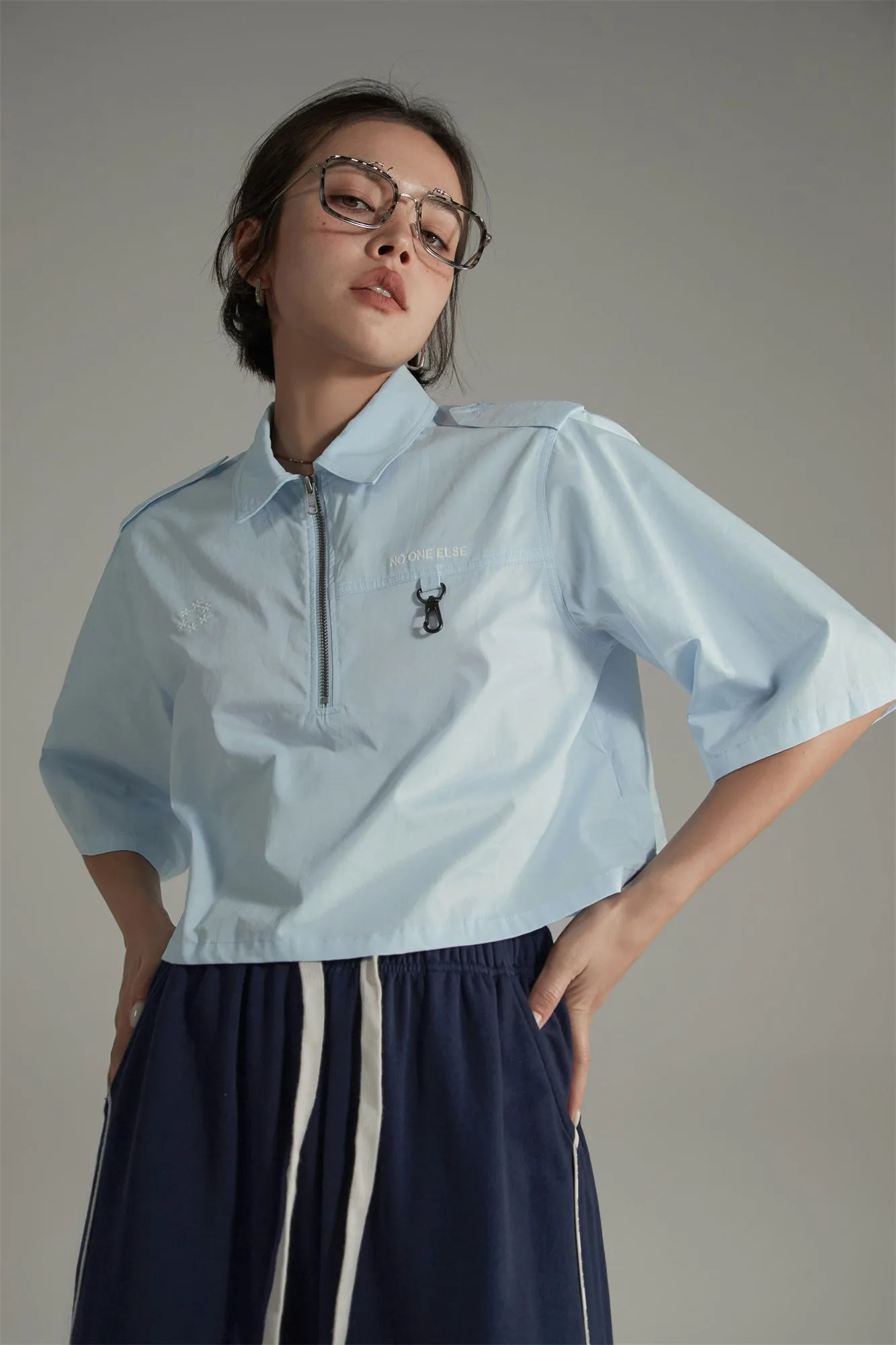 Half Zip-Up Pastel Boxy Crop T-Shirt