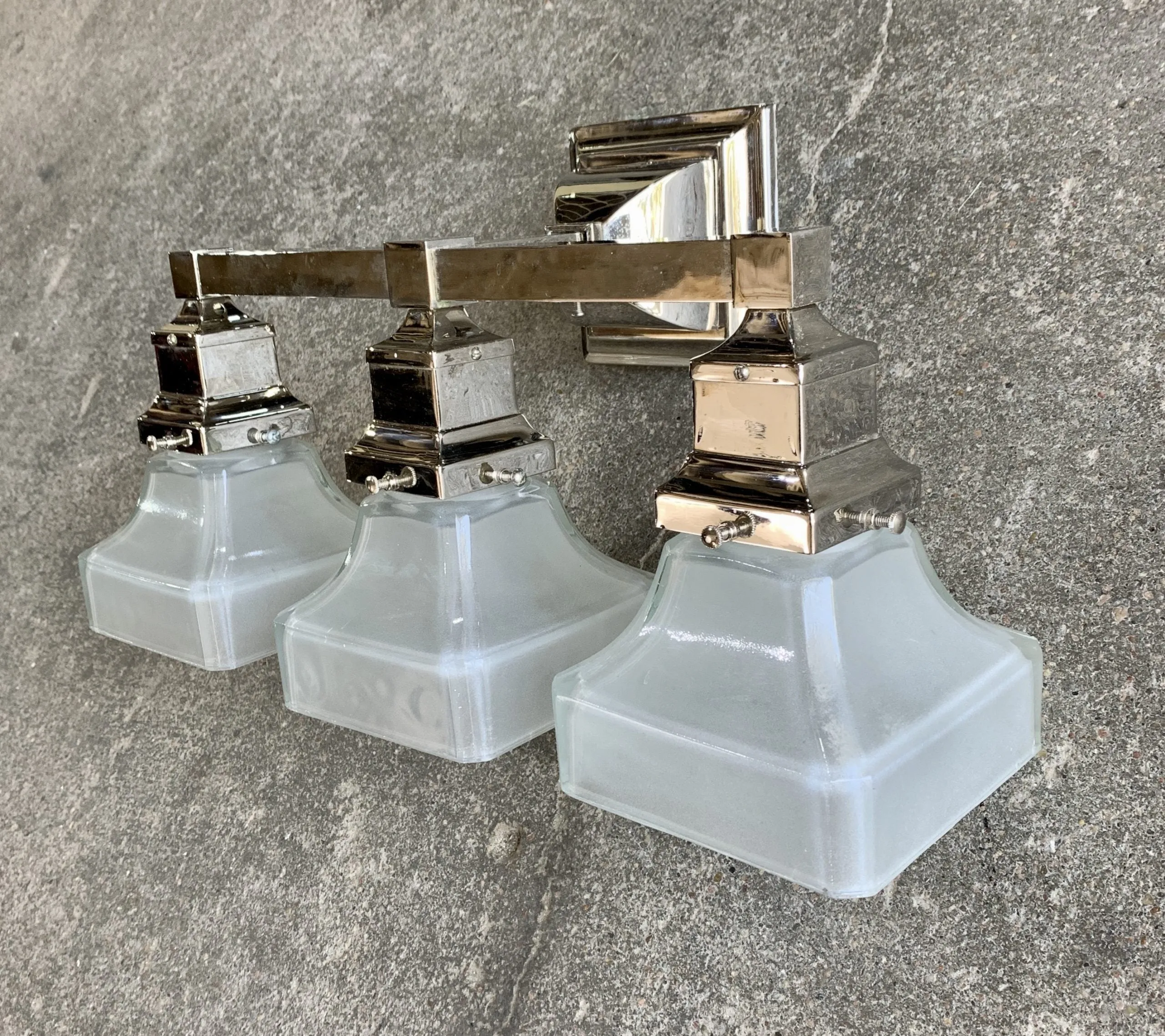 Vanity Light, Nickel, Three Light, Frosted Glass Squared Globes
