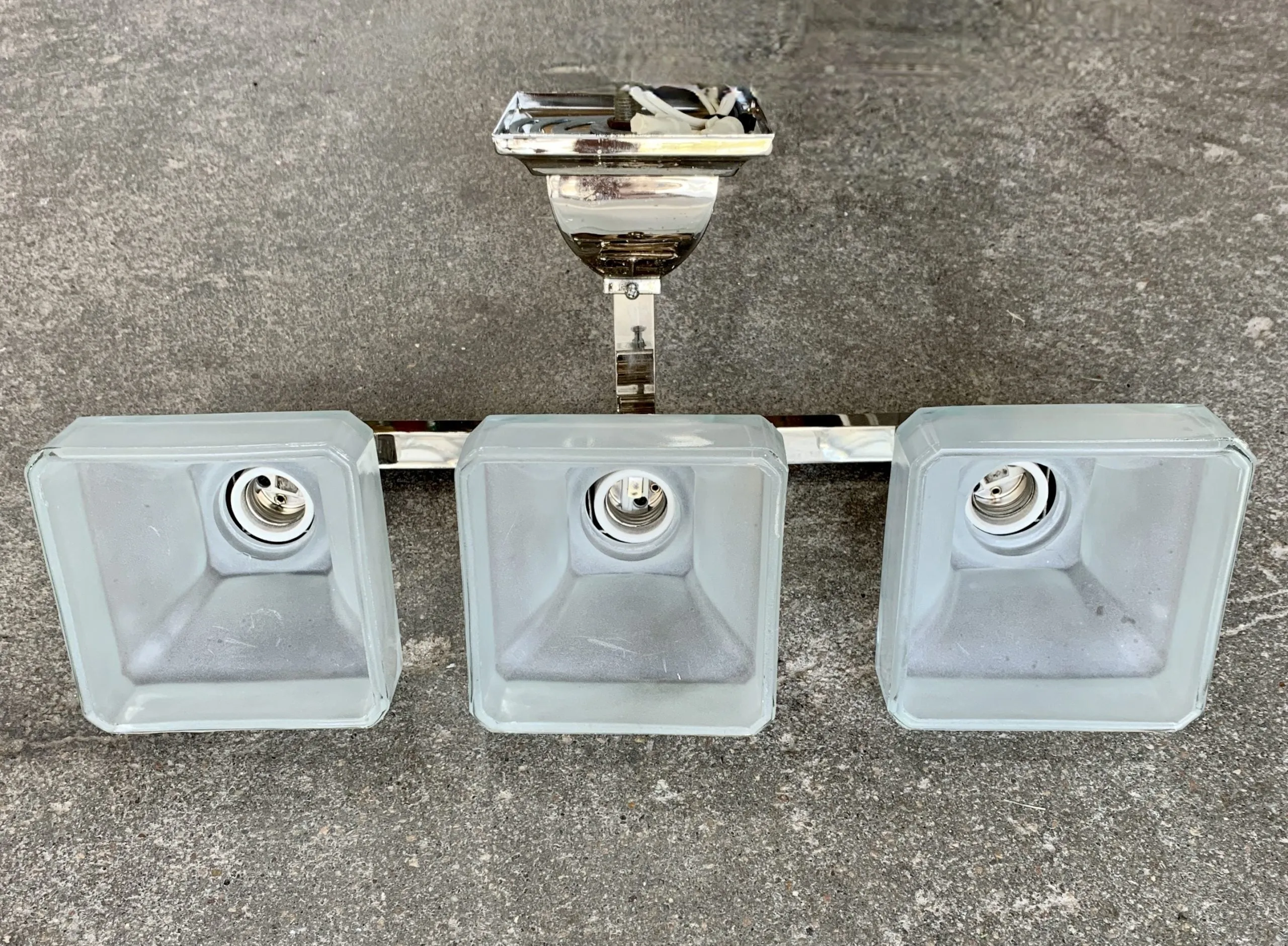 Vanity Light, Nickel, Three Light, Frosted Glass Squared Globes