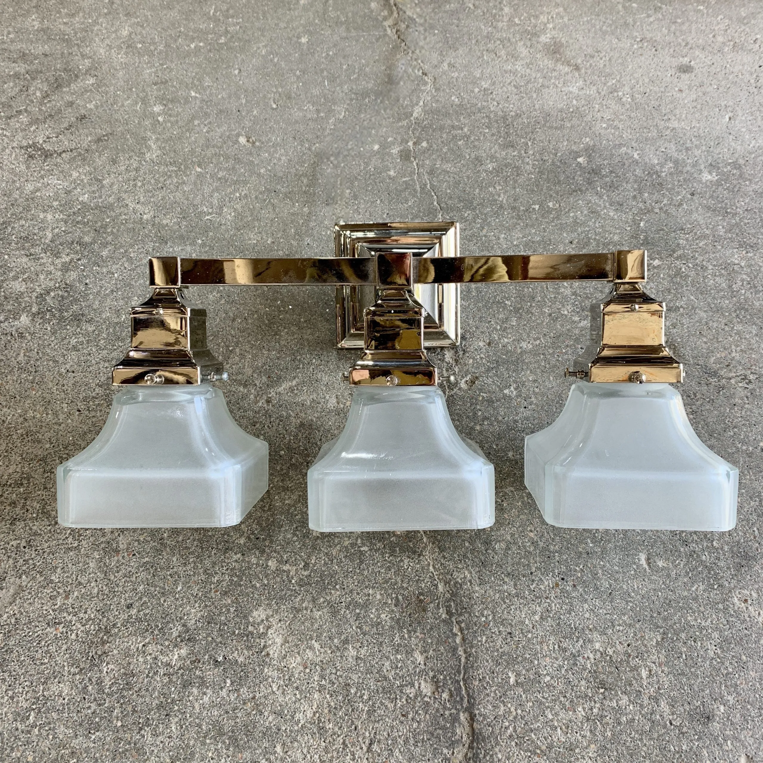 Vanity Light, Nickel, Three Light, Frosted Glass Squared Globes