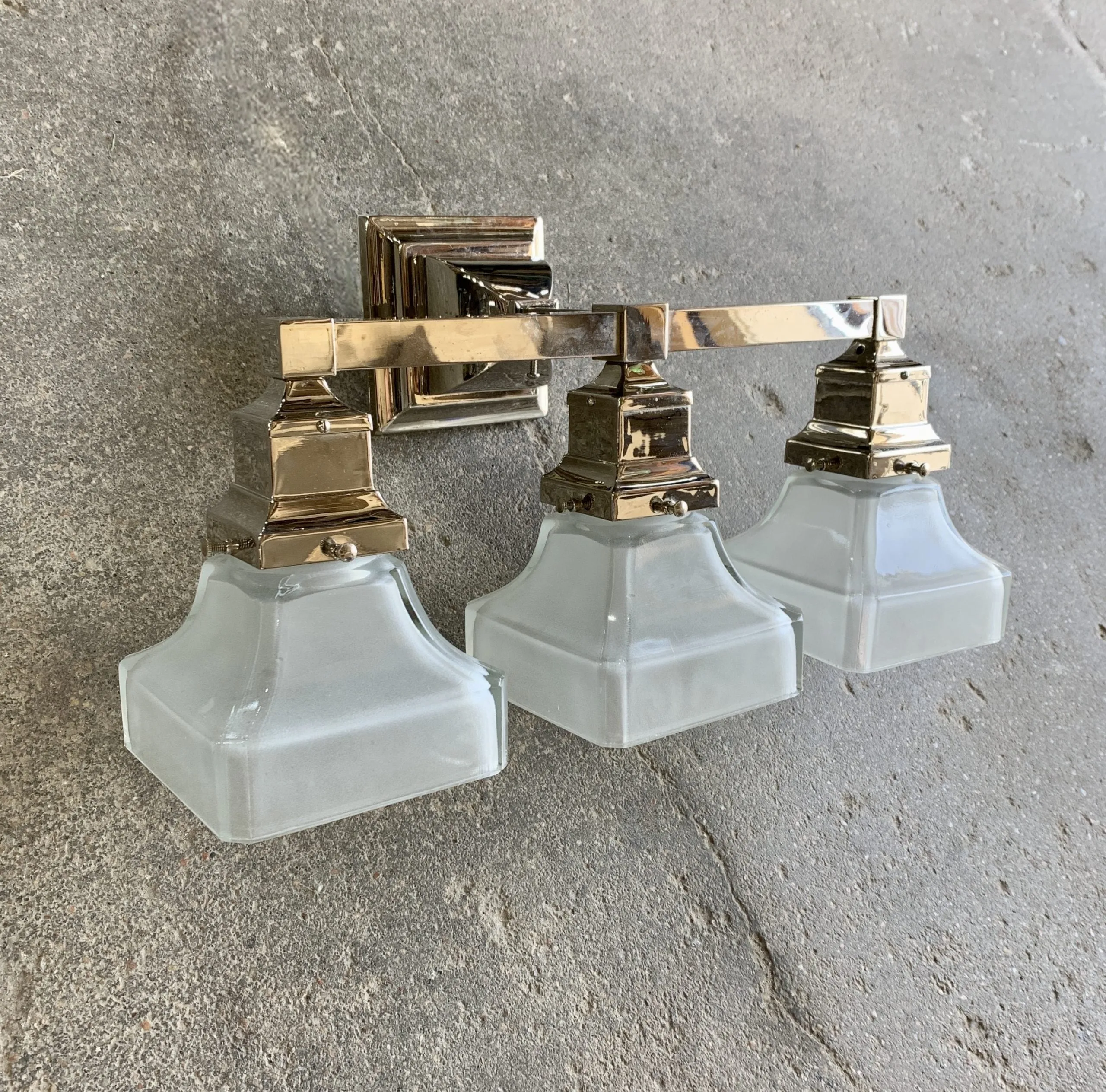 Vanity Light, Nickel, Three Light, Frosted Glass Squared Globes