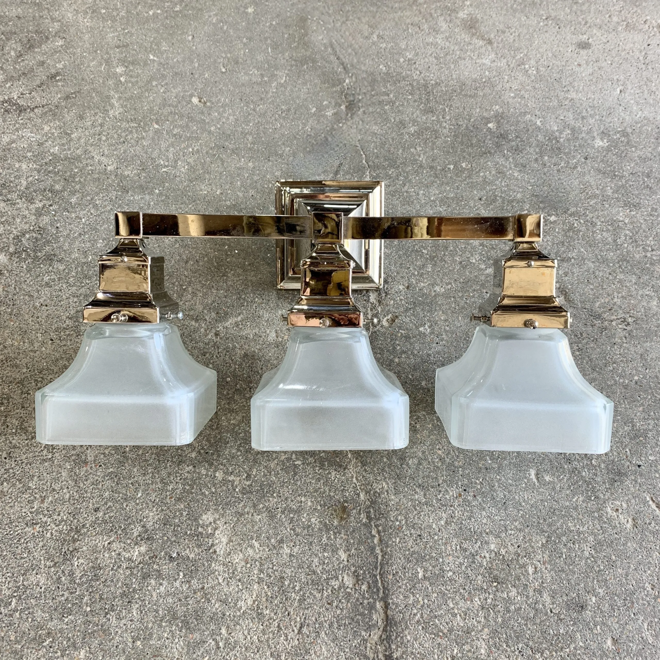 Vanity Light, Nickel, Three Light, Frosted Glass Squared Globes